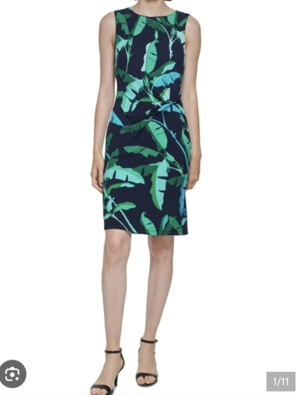 NWT Tommy Hilfiger Navy Midi Dress with Teal & Green Leaf Print...size:14